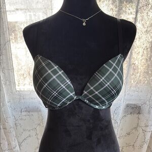 Victoria's Secret PINK Green and White Plaid Super Push-up Underwire Bra in 36C